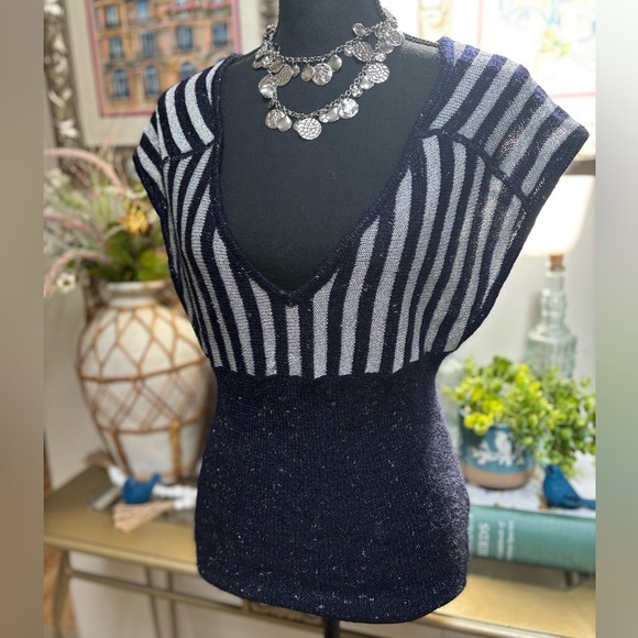 LUX URBAN OUTFITTERS BLUE & WHITE STRIPE V-NECK METALLIC KNIT SWEATER VEST SZ M - Picture 11 of 11